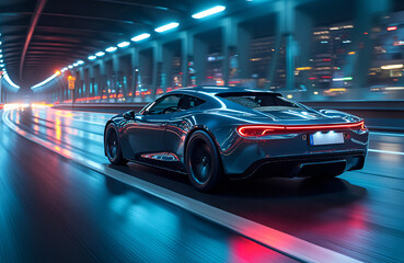 Naklejka premium A modern silver-coloured car drives through a tunnel with neon lights.
