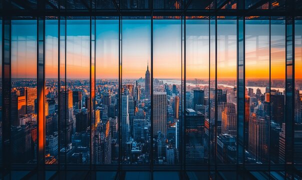 Fototapeta A panoramic view of the New York City skyline at sunset seen through a window.