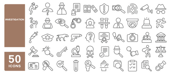 Set of 50 line icons related to investigation, detective, search, spy, clues, tracking, criminal, sleuth, solve, Editable stroke. Vector illustration