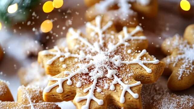 A close-up of a tasty and decorated Christmas cookie sprinkled with sugar and cinnamon