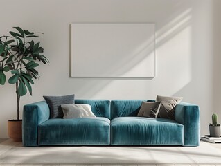 Modern Minimalistic Living Room Featuring Teal Sofa With Indoor Plant And Blank Canvas Art