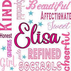 Elisa  - written proper name surrounded by adjectives. modern vector graphics - quarcode style - pink color - ideal for sublimation, cards,	