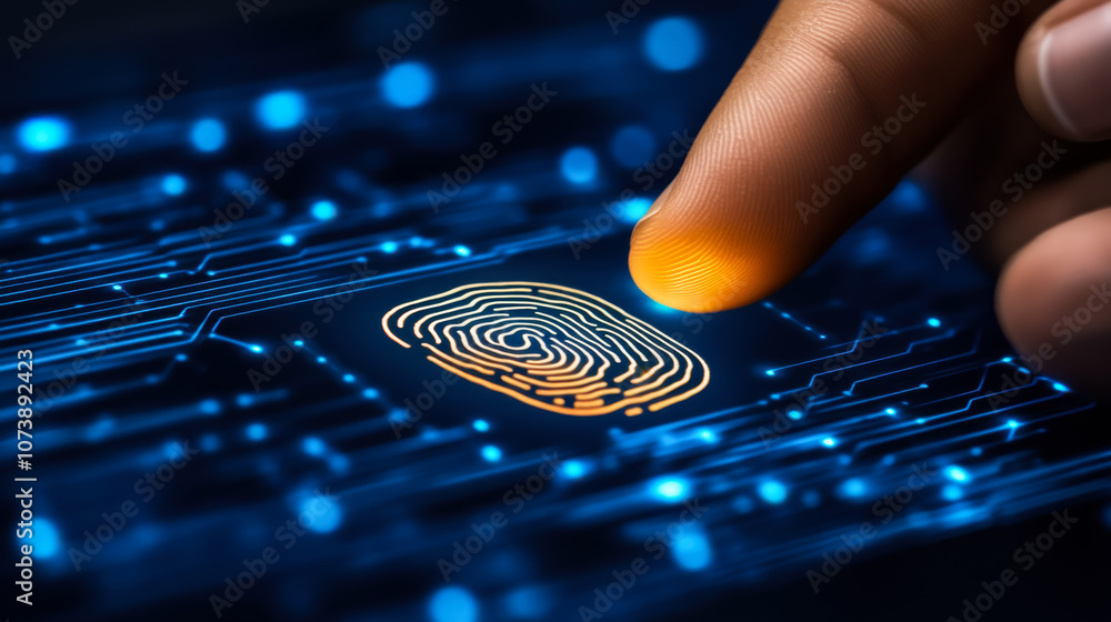 Poster a person touching a glowing fingerprint sensor on a circuit board at night in a high-tech environmen