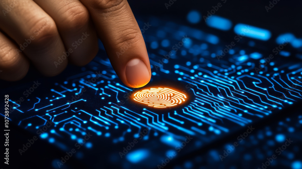 Poster a person touching a glowing fingerprint sensor on a circuit board at night in a high-tech environmen