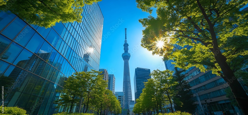 Poster A tall skyscraper with a modern design is seen through trees in a city. The sun is shining brightly behind the trees, creating a warm and inviting atmosphere.