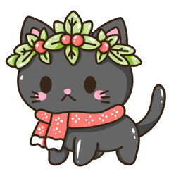 A black cat wearing a red scarf and a holly crown Christmas Hand drawn doodle illustration kawaii cute cat. Pet cartoon character. Kitten Collection of design elements invitation greeting card