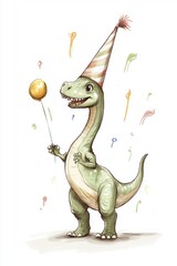 Obraz premium Happy Cartoon Dinosaur Celebrating Birthday with Balloon and Party Hat Illustration