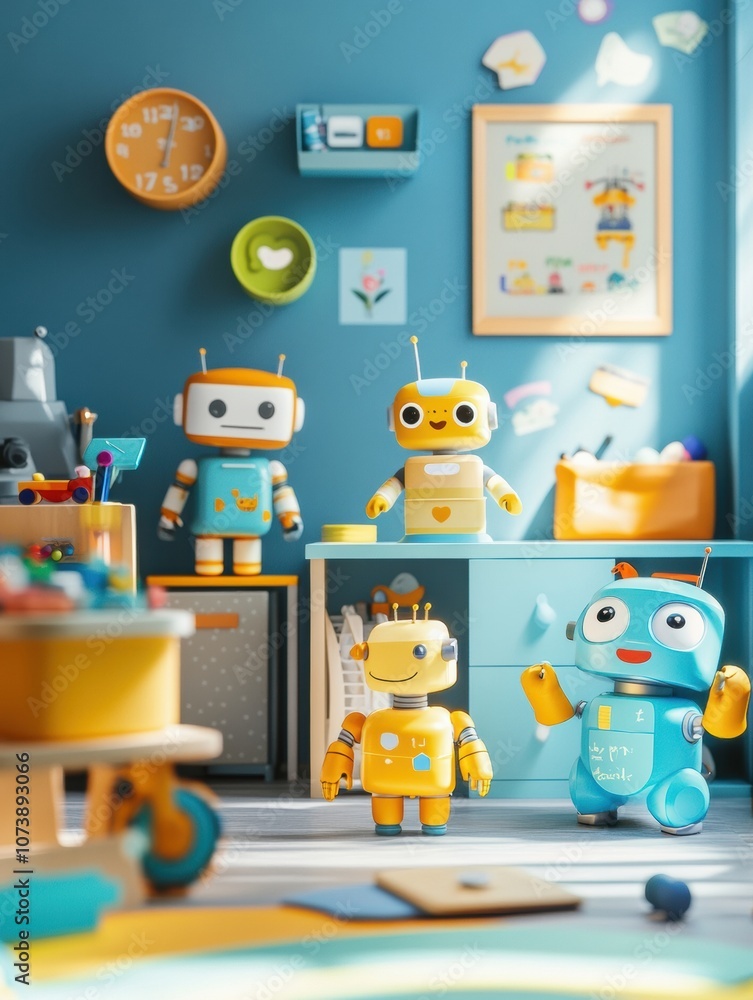 Poster Brightly colored robot assistants interact in a cheerful children's room, surrounded by toys and cheerful decor in the afternoon light. Generative AI