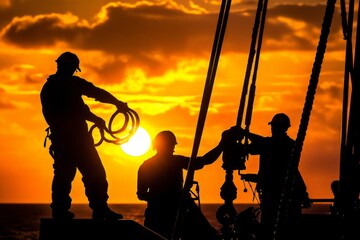 Fototapeta premium Silhouette of workers on offshore oil rig at sunset