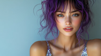 Fototapeta premium A confident young woman with vibrant purple hair poses elegantly against a soft gray background, showcasing her striking features and captivating gaze