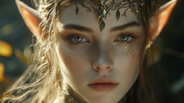Enchanted elf princess with golden tears in mystical forest