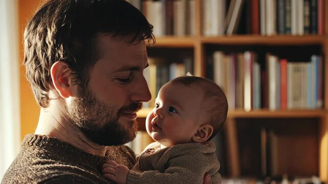Young dad holding the baby on his chest, cozy home setting, soft light falling on them, a warm atmosphere, books on shelves in the blurred zone