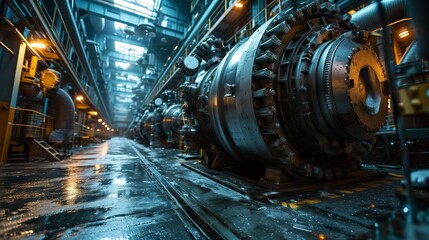 Fototapeta premium Industrial Machinery in a High-Tech Manufacturing Facility with Metallic Components and Illuminated Interior