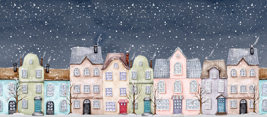 European street with retro houses. Seamless border. Winter, Christmas, New Year. Snow-covered city buildings on a night background. Old town. Watercolor. Ready-made composition for card, poster, book.