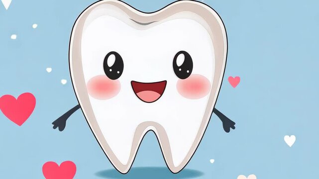 A cartoon tooth smiles and waves on a blue background with hearts