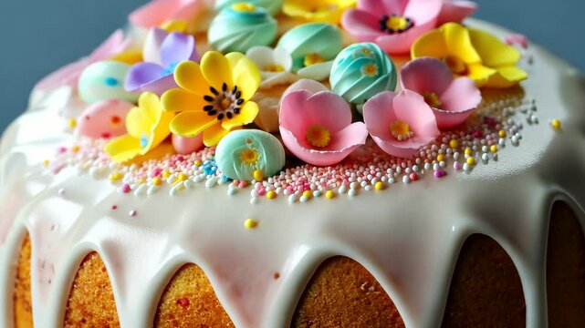 A close-up of decorated delicious Easter cake, with flowers and pastel-colored icing with sprinkles on top