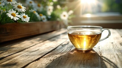 Chamomile Tea in Glass Teacup on Rustic Wooden background