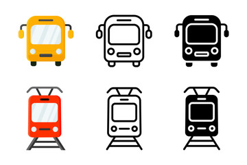 Bus and train icon. Yellow bus illustration. Public transport sign. Travel and trip symbol. Train and railroad pictogram.
