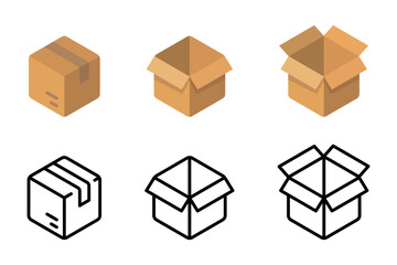Package icon. Cardboard box mockup. Shipping carton open and closed box with breakable signs. Delivery symbol. Transportation packing pictogram.
