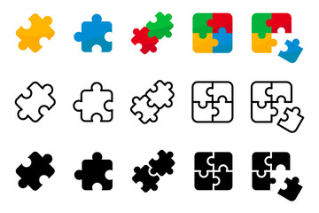 Color puzzle icon set. Part color symbol. Puzzle compatible icon in flat style. Jigsaw agreement illustration. Cooperation solution business concept.