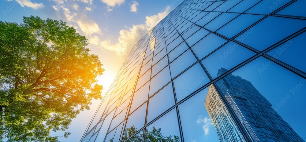 Poster Low angle view of a modern glass skyscraper with a green tree in the foreground.