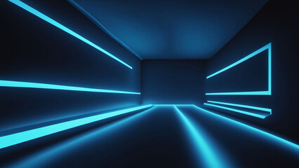 Blue neon lights projected in horizontal and vertical lines glow in the dark in a futuristic-looking room.