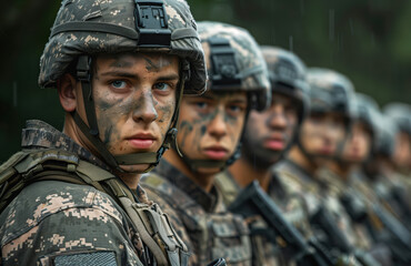 Fototapeta premium Disciplined Group of Soldiers in Camouflage Gear Standing in Formation for Military Training