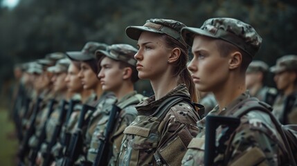Fototapeta premium Disciplined Group of Soldiers in Camouflage Uniform Standing in Formation Outdoors Displaying Unity and Focus