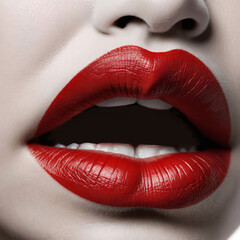 Obraz premium Close-up of a face and mouth covered in red lipstick, showing a provocative pose.