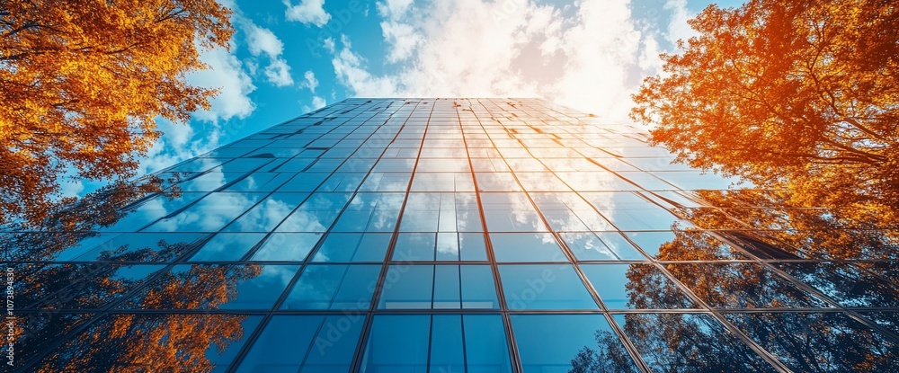 Poster low angle view of a modern glass skyscraper with fall foliage in the foreground, reflecting a blue s