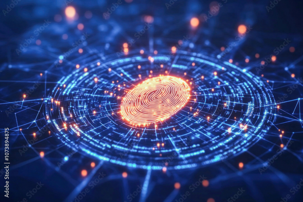 Poster futuristic digital environment displaying glowing fingerprint, symbolizing identity verification and