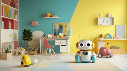 A vibrant children's room filled with friendly robot assistants, engaging with toys and colorful decor in a lively, inviting space. Generative AI