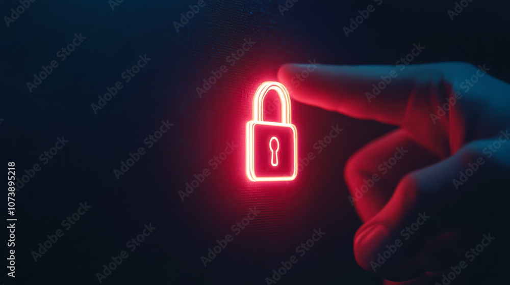 Poster a glowing red lock symbol with a hand about to touch it, emphasizing security and protection in a di