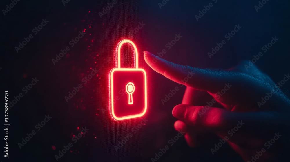 Poster a glowing red lock symbol with a hand about to touch it, emphasizing security and protection in a di