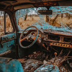 Fototapeta premium A broken windshield of an old car with a broken steering wheel