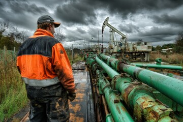 Worker supervising oil rig operations under stormy skies