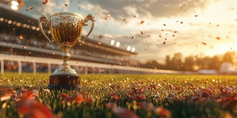 Golden Trophy on Horse Racing Track Amid Falling Leaves at Sunset