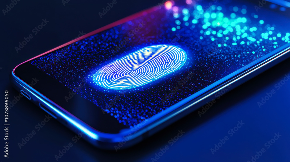 Poster smartphone displaying a colorful fingerprint scanning interface with glowing patterns in a dark atmo