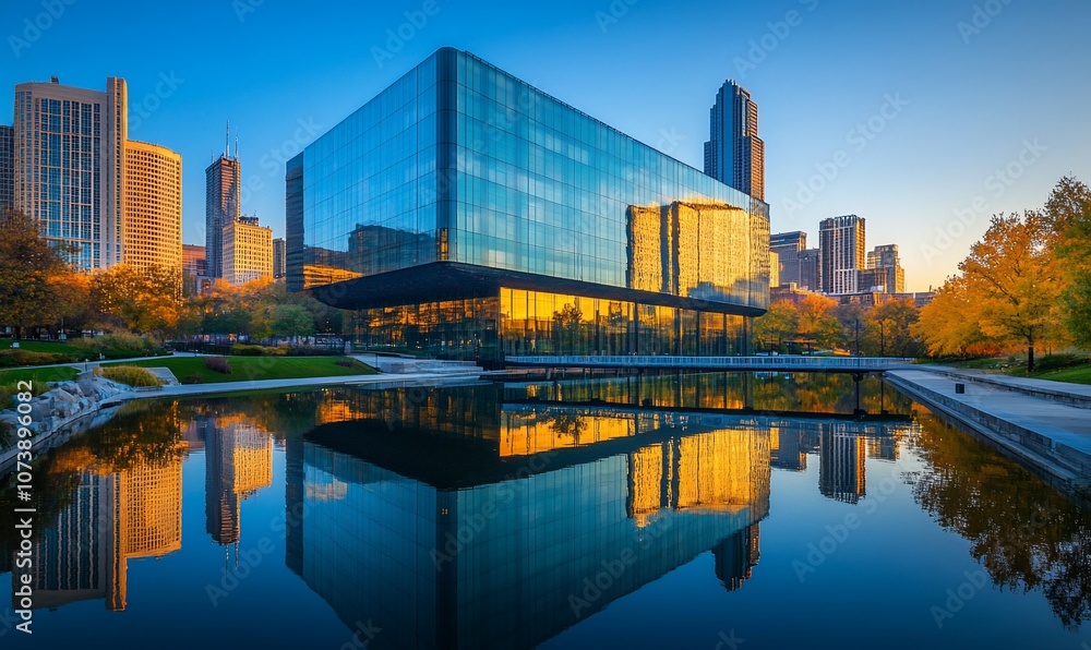 Poster modern architecture reflecting in a pond in a city park at dawn.