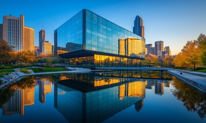Naklejka premium Modern architecture reflecting in a pond in a city park at dawn.