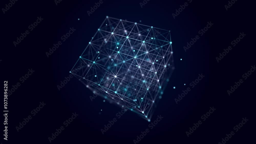 Fototapete Digital blockchain concept. Data storage in separate cells. Abstract background with dots and connection lines. 3D rendering. Seamless loop.