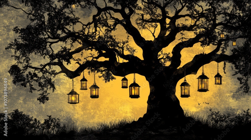 Poster a silhouette of a large tree with glowing lanterns hanging from its branches. the sky behind the tre