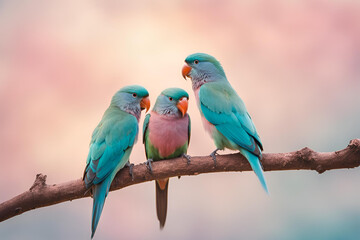 Fototapeta premium Elegant Pair of Pale Blue Birds on a Delicate Branch, Two soft blue birds perched on a delicate branch surrounded by pastel blossoms