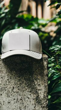 A white cap with a blank square patch is sitting on a concrete block in a garden