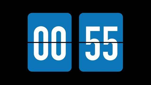 1 Minute Flip Countdown Timer Clock, Blue Color Shape, White Lettering on Black Background, Downloadable Asset for Use with Custom Backgrounds, Ideal for Motion Graphics and Video Editing, Stock.