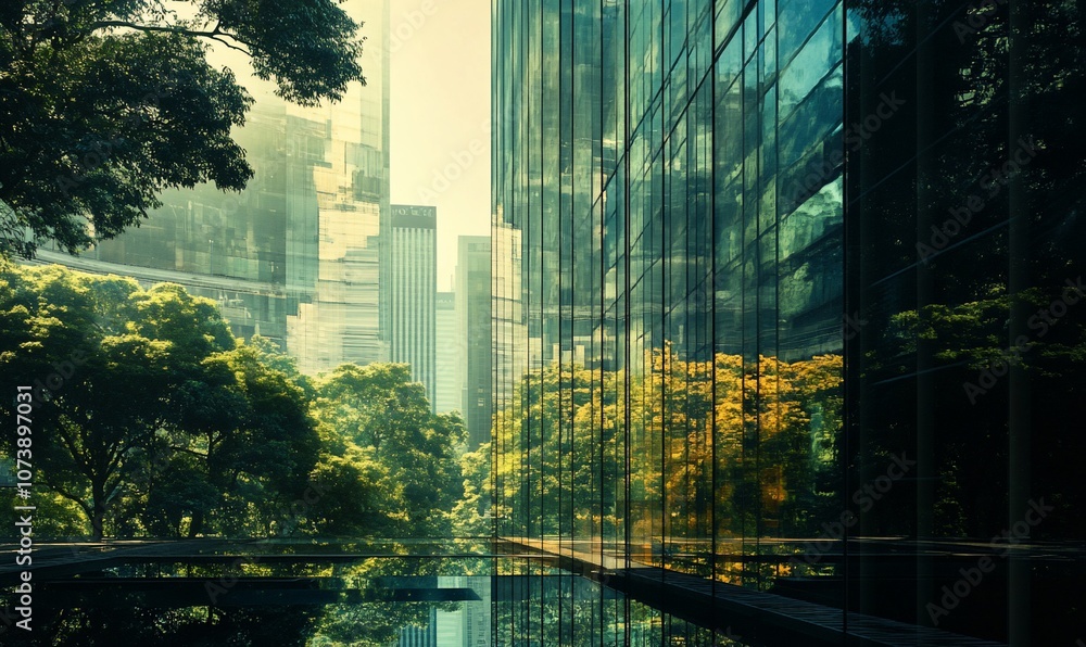 Poster modern cityscape with a reflecting pool and green trees.