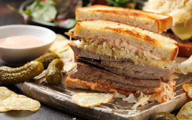 Reuben Sandwich with beef, cheese, sauerkraut and Russian dressing