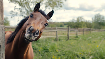 Obraz premium Playful horse with tilted head in lush pasture