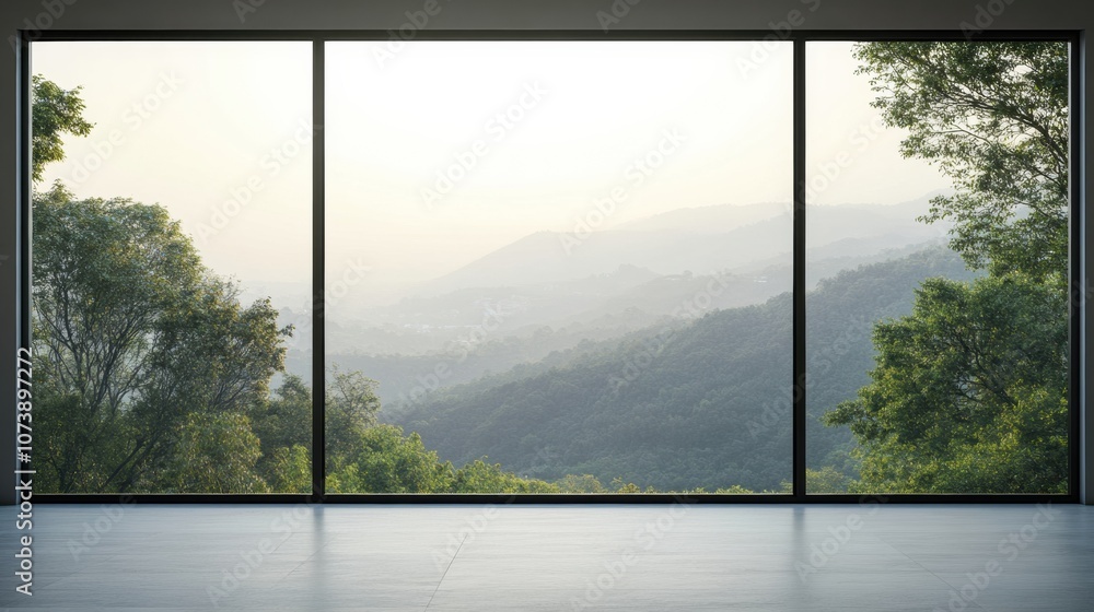 Aufkleber The glass window showcases a tranquil view of rolling mountains and trees, illuminated by soft morning light. Generative AI