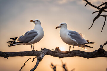 Obraz premium Seagulls Perched on a Branch by the Sea at Sunset, Two seagulls perched on a branch overlooking the sea during a serene sunset, evoking tranquility